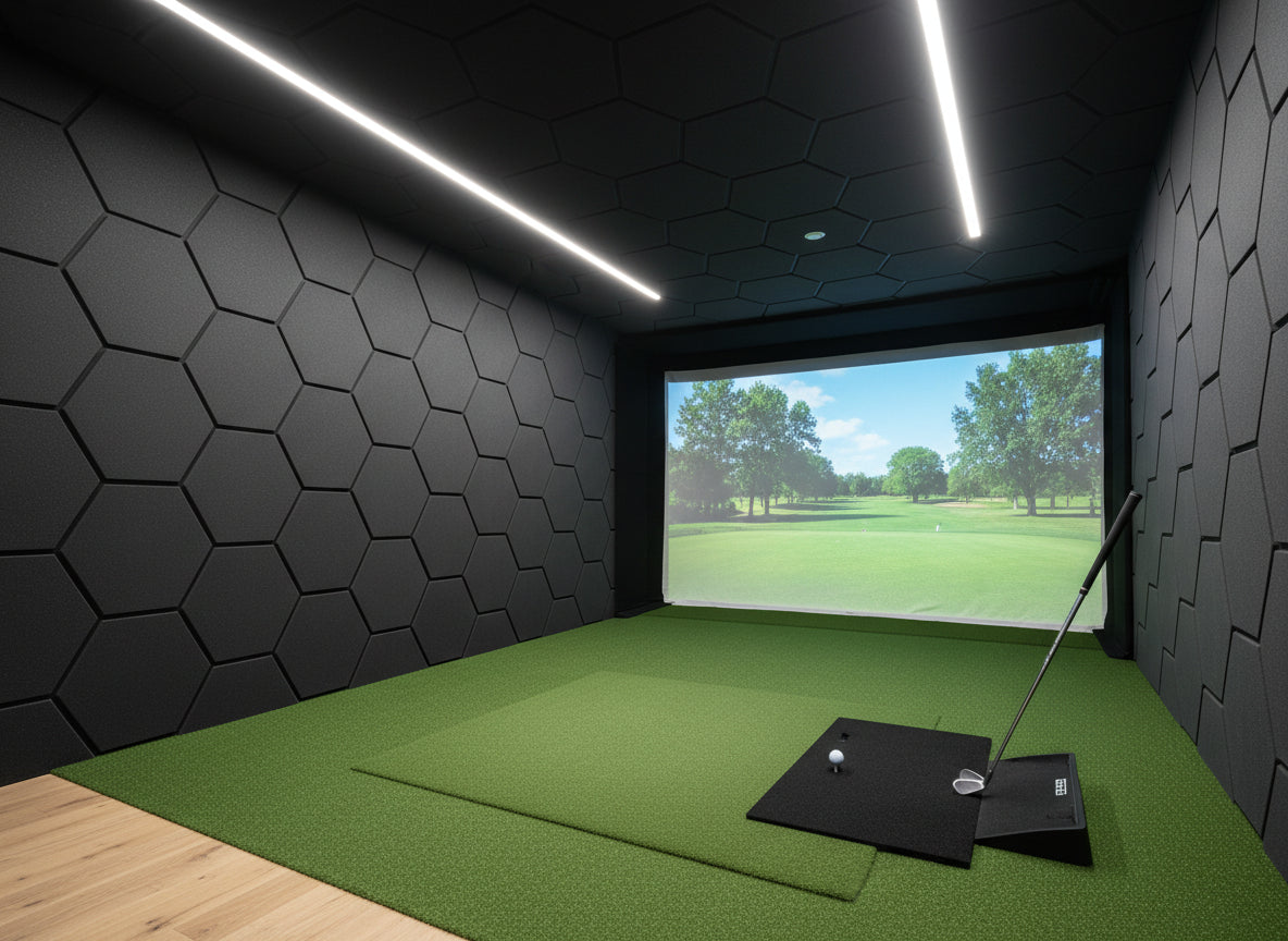 Indoor golf simulator setup with green turf and screen displaying a golf course.